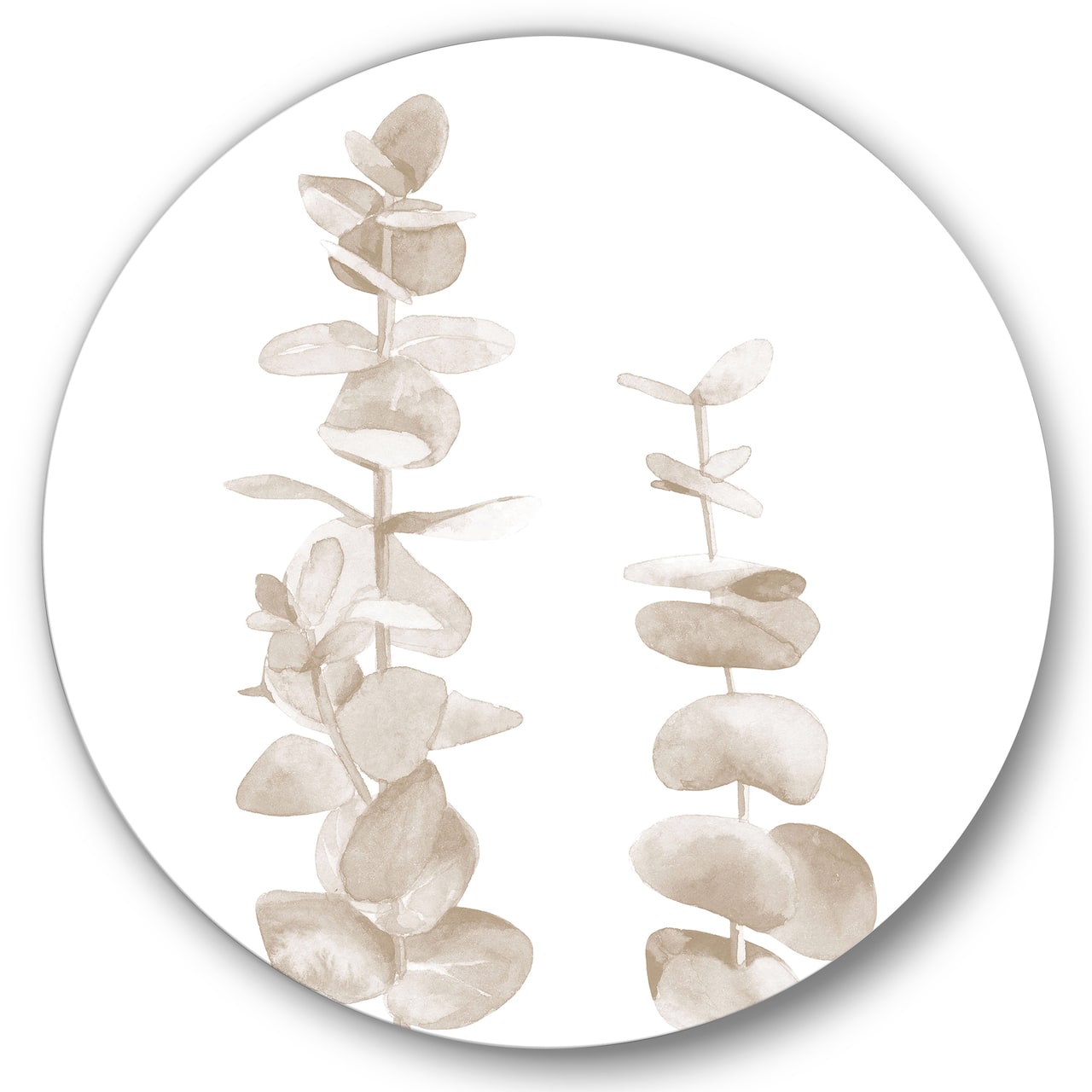 Designart - Beige Eucalyptus Branches On White - Traditional Metal Circle Wall Art